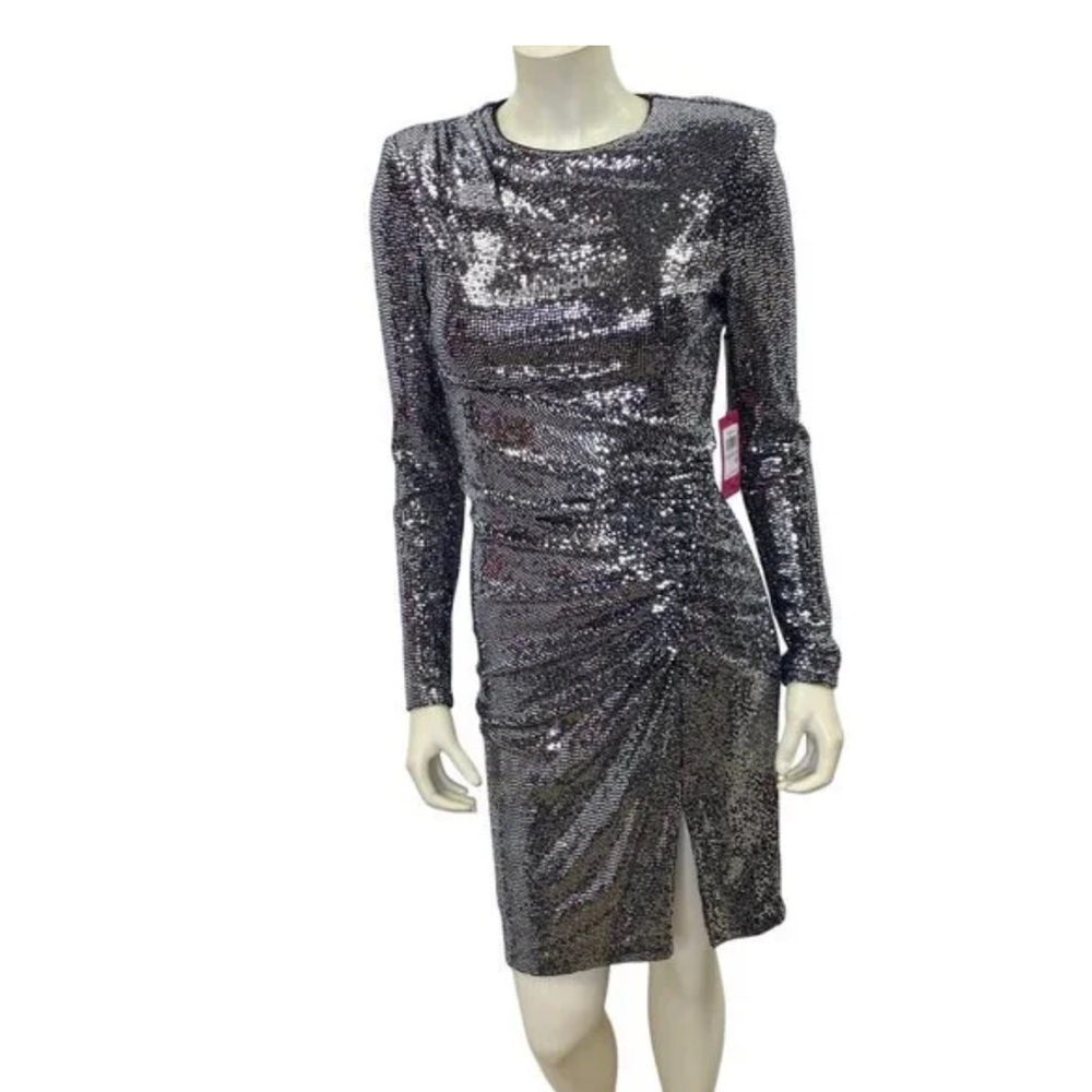 Vince Camuto Cocktail Dress Shimmering Long Sleeve Silver Size 8 NWT